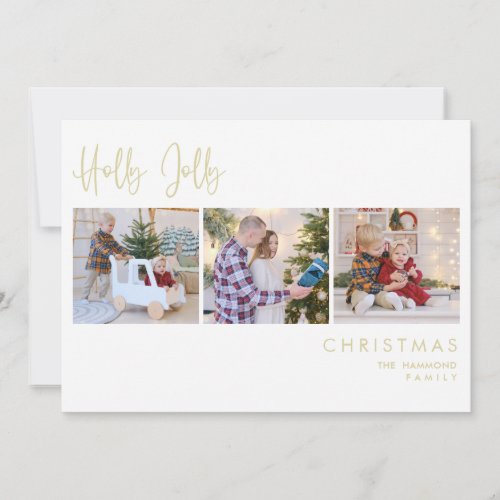 Elegant Gold Effect Holly Jolly 3 Photos Christmas Holiday Card