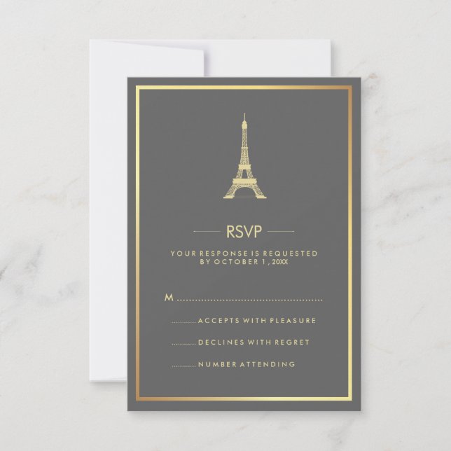 Elegant Gold Eiffel Tower on Gray Wedding RSVP Invitation (Front)