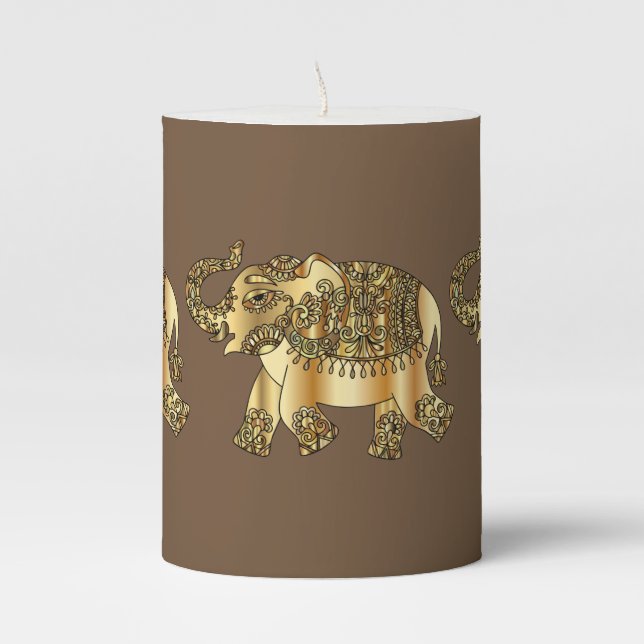 Elegant Gold Elephant | Brown Background Pillar Candle (Front)