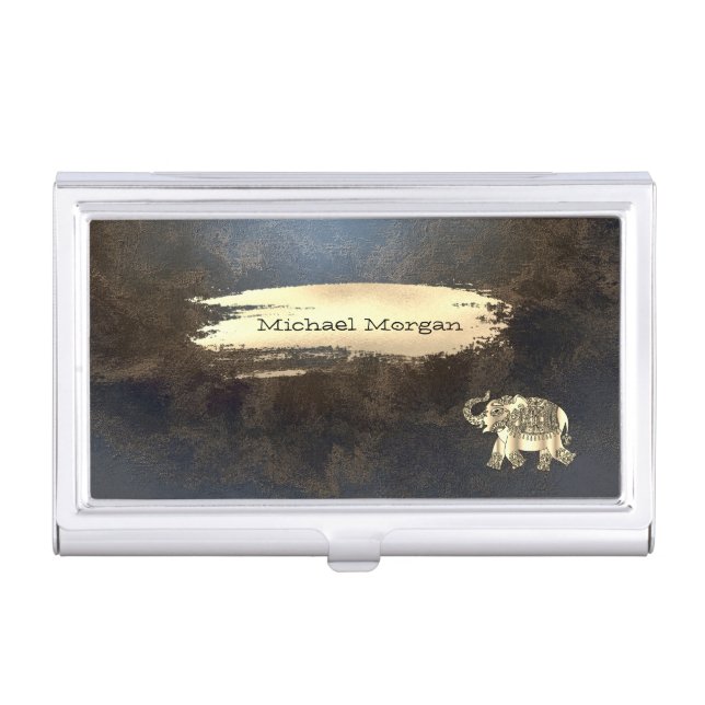 Elegant Gold Elephant,Brush Stroke,Leather Look    Business Card Case (Front)