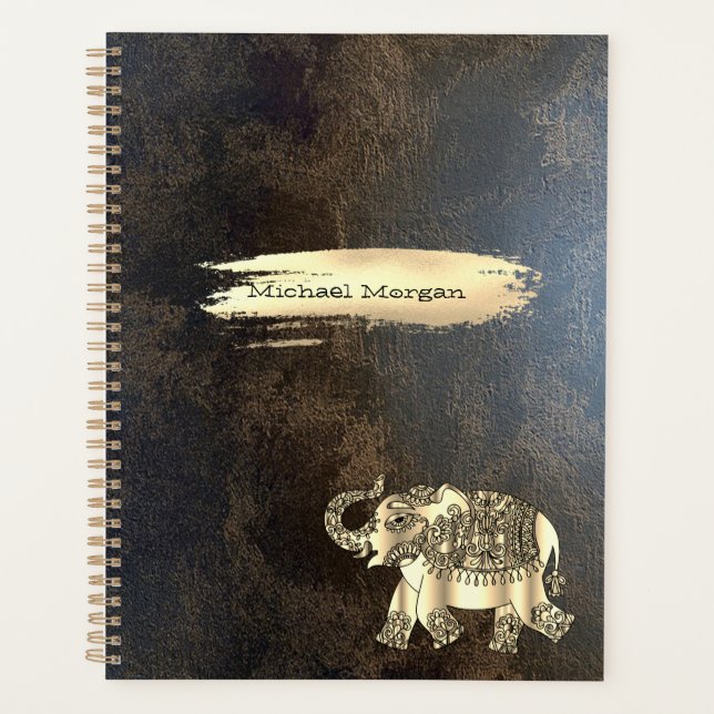 Elegant Gold Elephant,Brush Stroke,Leather Look    Planner (Front)