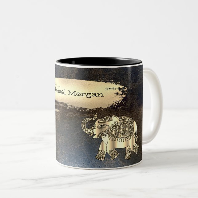 Elegant Gold Elephant,Brush Stroke,Leather Look    Two-Tone Coffee Mug (Front Right)