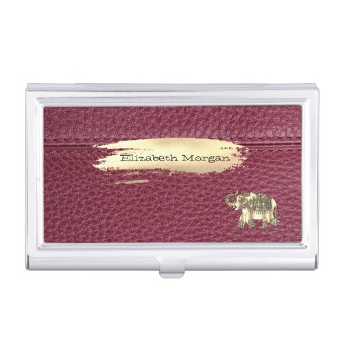 Elegant Gold ElephantBrush StrokeRed Leather Business Card Case