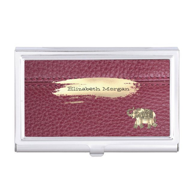 Elegant Gold Elephant,Brush Stroke,Red Leather Business Card Case (Front)