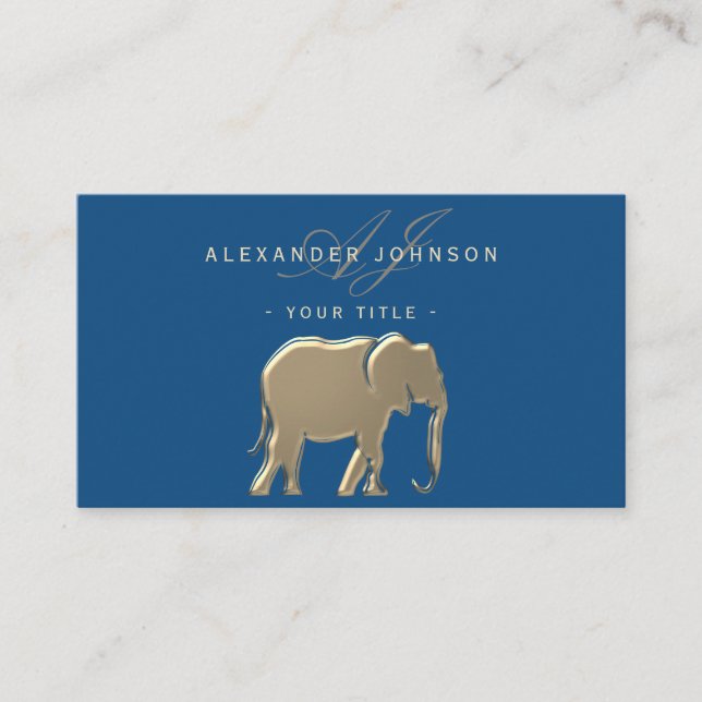 Elegant Gold Elephant Classic Blue Professional Business Card (Front)