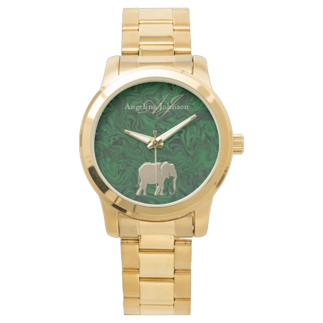 Elegant Gold Elephant Emerald Green Monogram Watch (Front)