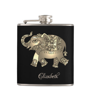 Elegant Gold Elephant Floral, Black- Personalized Flask