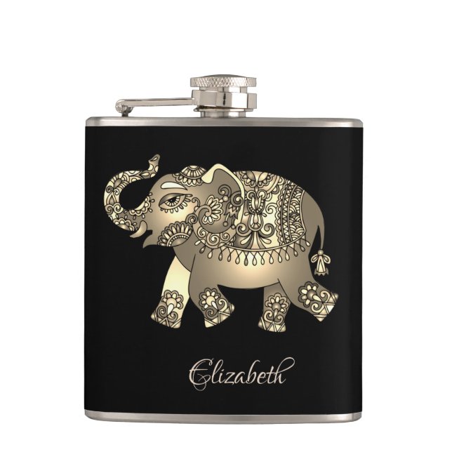 Elegant  Gold Elephant Floral, Black- Personalized Flask (Front)
