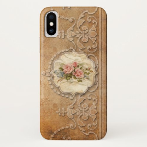 Elegant Gold Embossed Style Filigree and Roses iPhone X Case