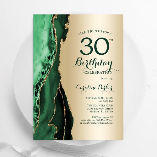 Elegant Gold Emerald Green Agate 30th Birthday Invitation