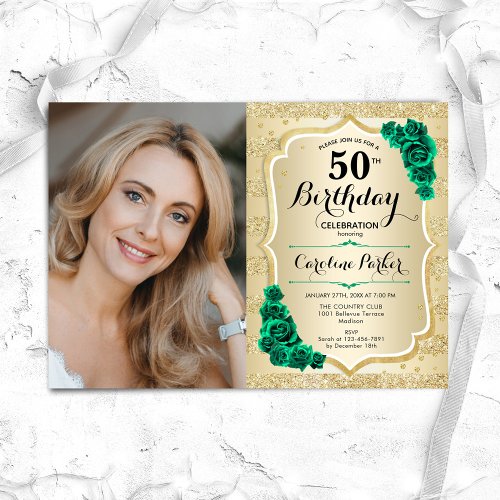 Elegant Gold Emerald Green Photo 50th Birthday Invitation