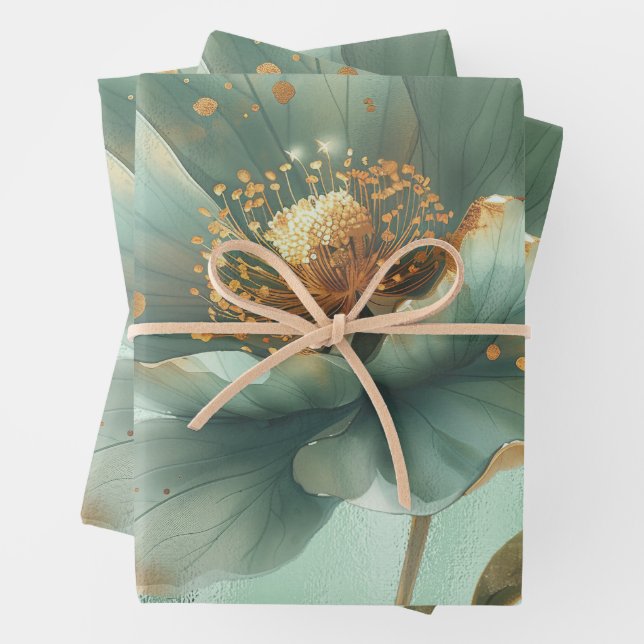Elegant Gold & Emerald Poppy Wedding Wrapping  Paper Sheets (In situ)