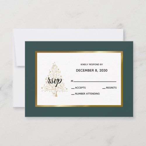 Elegant Gold Emerald Winter Holiday Wedding RSVP Card