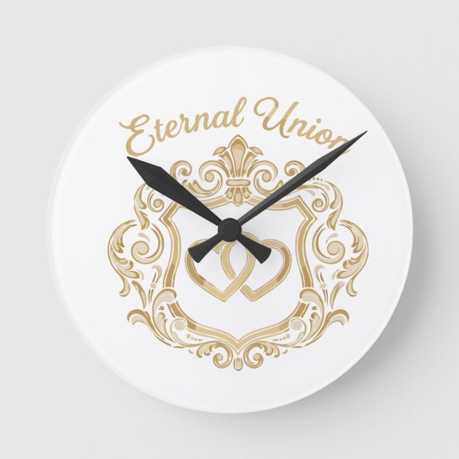 Elegant Gold Eternal Union Wedding Crest | Ornate  Round Clock (Front)