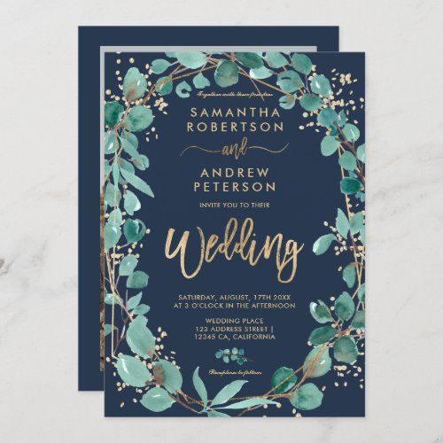Elegant gold eucalyptus blue photo script wedding invitation