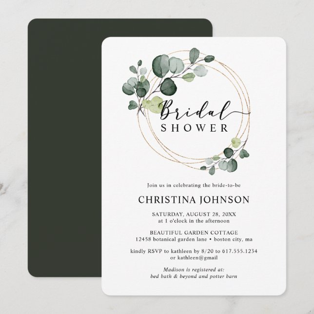 Elegant Gold Eucalyptus Bridal Shower Invitation (Front/Back)