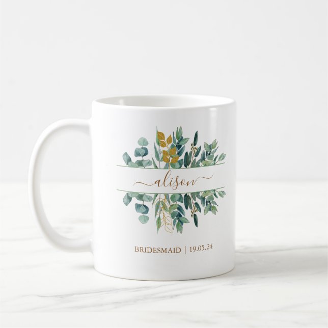Elegant Gold Eucalyptus Bridesmaid Gift Keepsake Coffee Mug (Left)