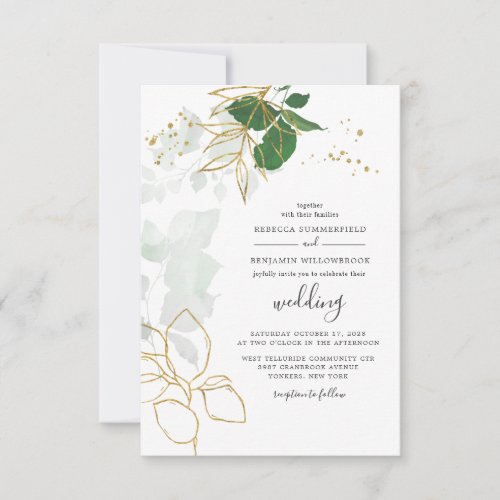 Elegant Gold Eucalyptus Greenery Boho Chic Wedding Invitation