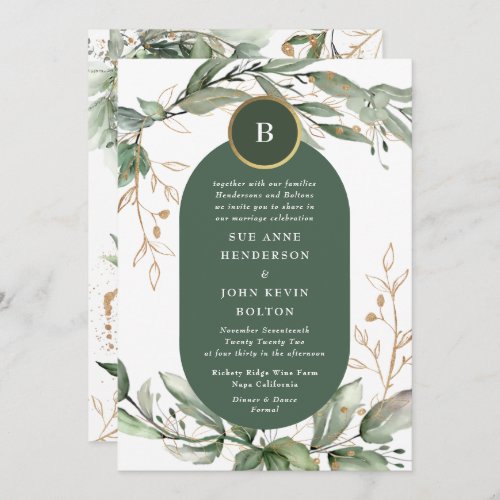 Elegant Gold Eucalyptus Greenery Boho Moss Green Invitation