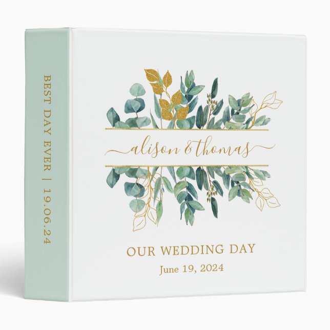 Elegant Gold Eucalyptus Greenery Wedding Binder (Front/Spine)