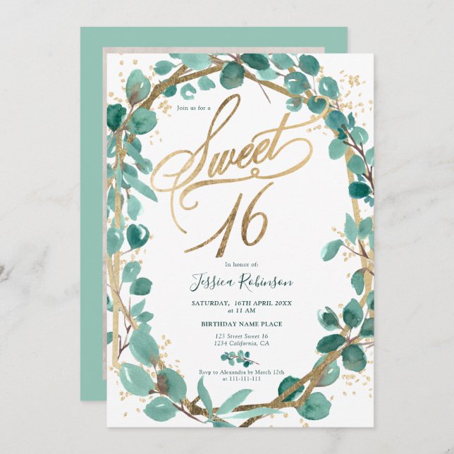 Elegant gold eucalyptus leaf photo script sweet 16 invitation (Front/Back)