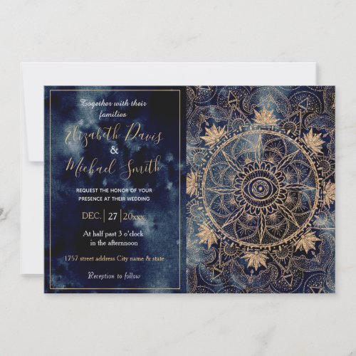 Elegant Gold Eye Sun Moon Mandala Navy_Blue Design Invitation