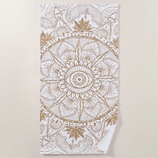 Elegant Gold Eye Sun Moon Mandala White Beach Towel (Front)