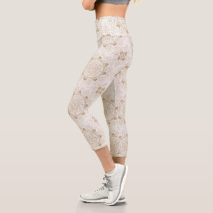 Elegant Gold Eye Sun Moon Mandala White Capri Leggings