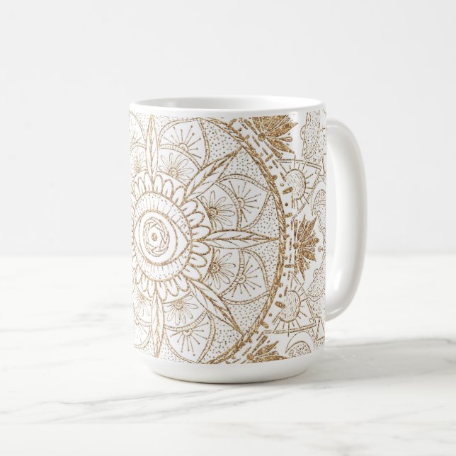 Elegant Gold Eye Sun Moon Mandala White Coffee Mug (Front Right)