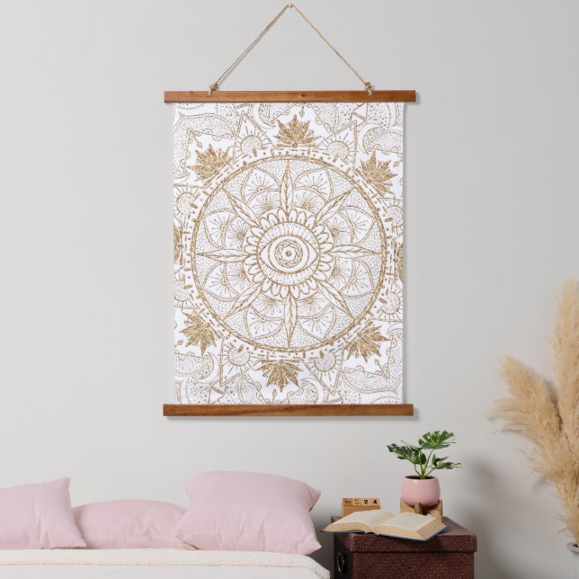 Elegant Gold Eye Sun Moon Mandala White Hanging Tapestry (Bedroom)