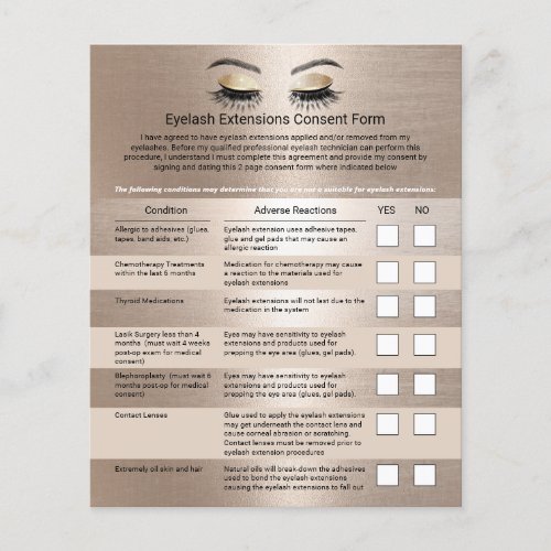 Elegant Gold Eyelash Extensions Liability Waiver Flyer