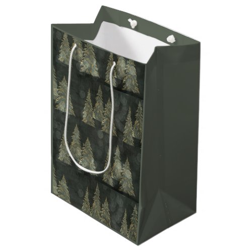 Elegant Gold Fairylight Pine Trees Christmas Medium Gift Bag