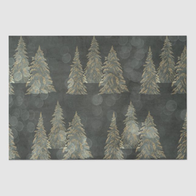 Elegant Gold Fairylight Pine Trees Christmas Tissue Paper (Front)
