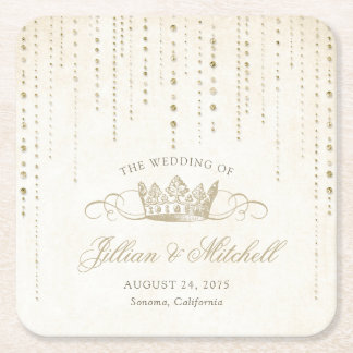 Elegant Gold Fairytale Crown Wedding Square Paper Coaster