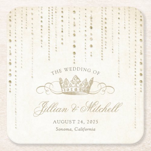 Elegant Gold Fairytale Crown Wedding Square Paper Coaster