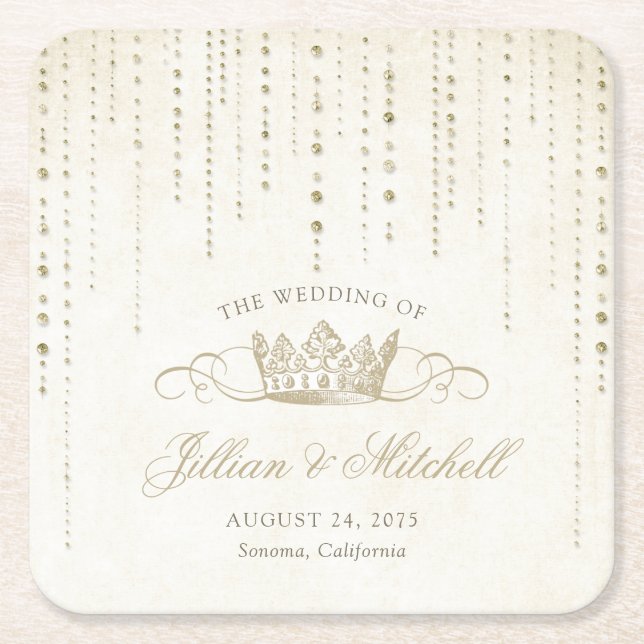 Elegant Gold Fairytale Crown Wedding Square Paper Coaster (Front)