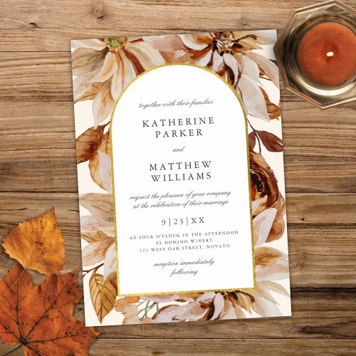 Elegant Gold Fall Watercolor Floral Wedding Invitation