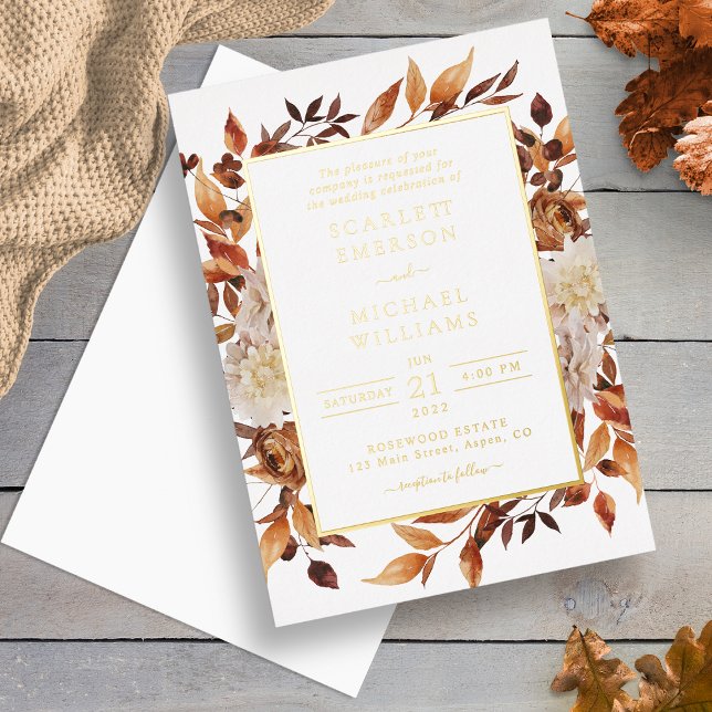 Elegant Gold Fall Wedding Foil Invitation (Elegant Watercolor Autumn Floral Gold Wedding Foil Invitation by Painted Paperie
)