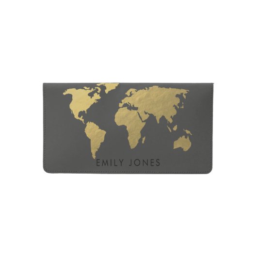 ELEGANT GOLD FAUX BLACK WORLD MAP PERSONALIZED CHECKBOOK COVER (Front)