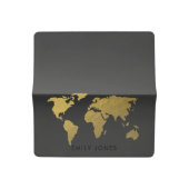 ELEGANT GOLD FAUX BLACK WORLD MAP PERSONALIZED CHECKBOOK COVER (Open)