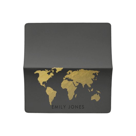 ELEGANT GOLD FAUX BLACK WORLD MAP PERSONALIZED CHECKBOOK COVER (Open)