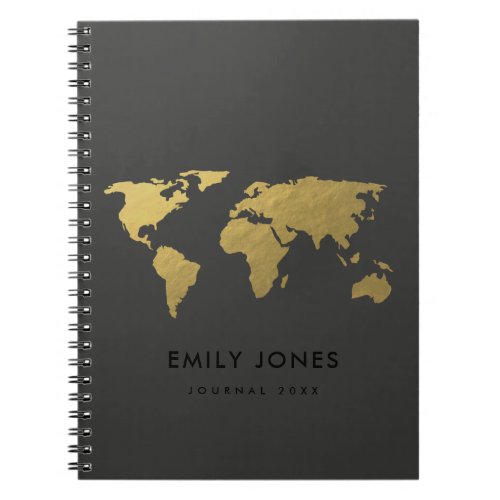 ELEGANT GOLD FAUX BLACK WORLD MAP PERSONALIZED NOTEBOOK
