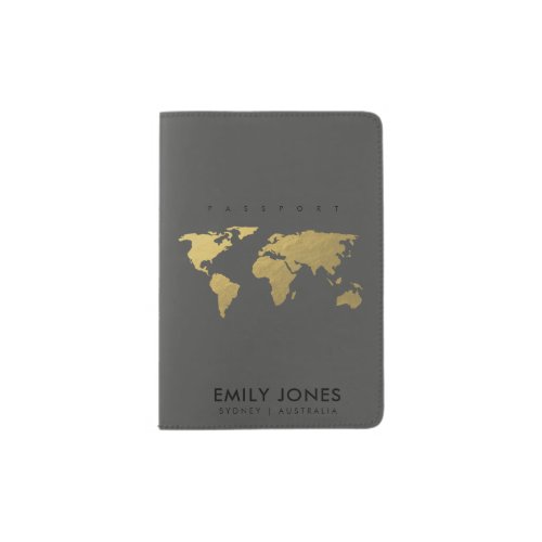 ELEGANT GOLD FAUX BLACK WORLD MAP PERSONALIZED PASSPORT HOLDER