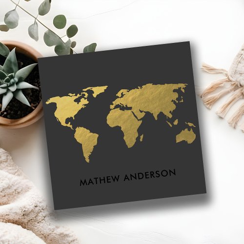 ELEGANT GOLD FAUX BLACK WORLD MAP PERSONALIZED SQUARE BUSINESS CARD