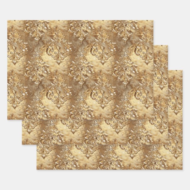 Elegant Gold Faux Brocade Gift  Wrapping Paper Sheets (Set)
