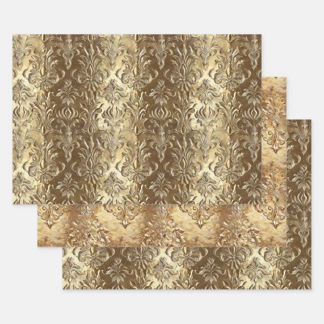 Elegant Gold Faux Brocade Gift  Wrapping Paper Sheets (Set)
