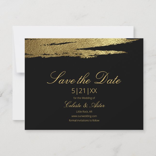 Elegant Gold Faux Foil Brush Black Save the Date (Front)