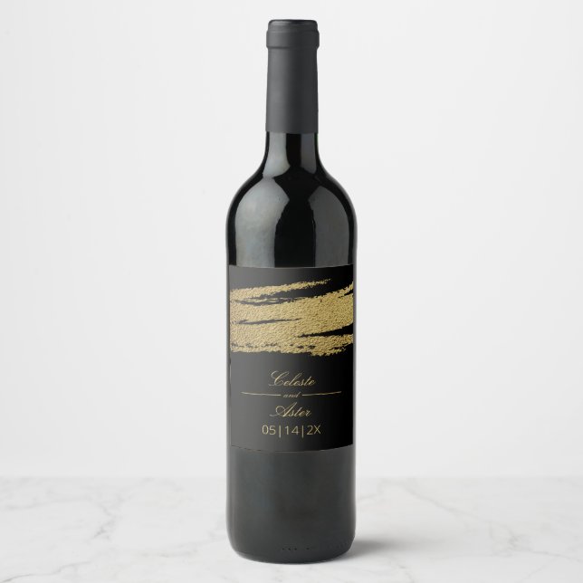 Elegant Gold Faux Foil Brush Stroke Black Wedding Wine Label (Front)
