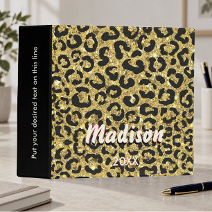 Elegant gold faux glitter animal print 3D Monogram 3 Ring Binder