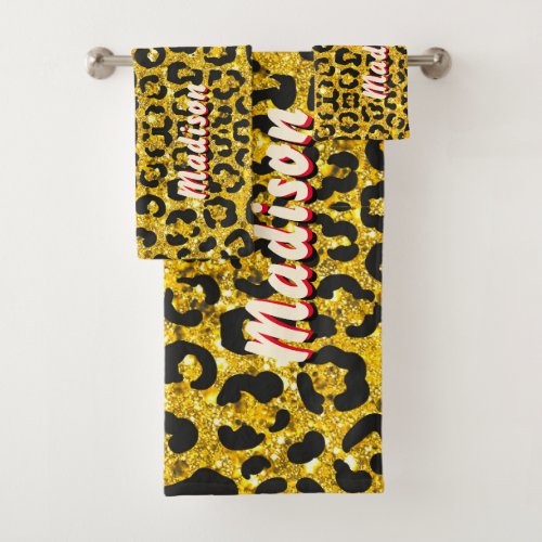 Elegant gold faux glitter animal print 3D Monogram Bath Towel Set
